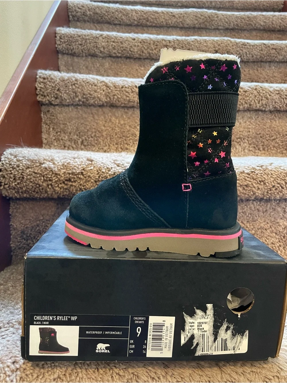 Sorel Kids Black Boots with Pink Accents and Star Print